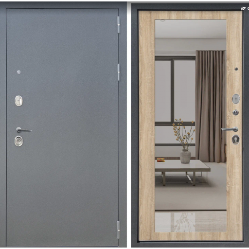 Дверь входная FlyDoors АРКАН ЗЕРКАЛО Букле графит - Дуб сонома с зеркалом